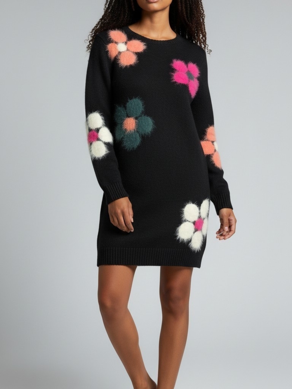 Black Floral Knit Sweater Dress - Brand
